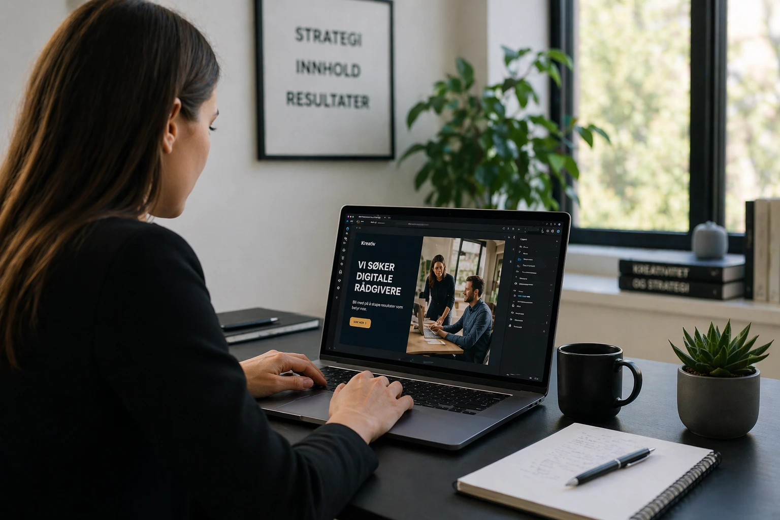 Jente lager en stillingsannonse på sin laptop